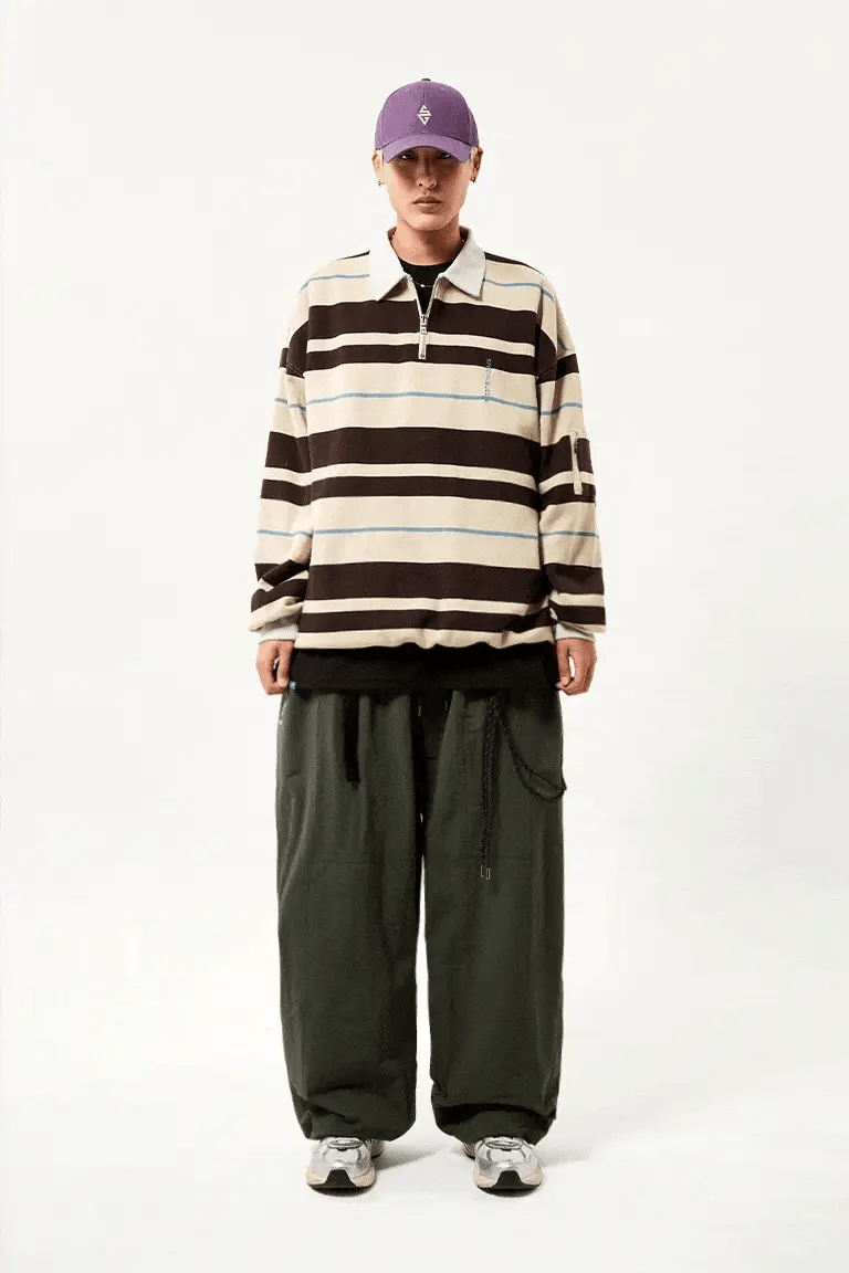 EASY STRAY STRIPED ZIP POLO BLEACHED SAND/ DARK GRAY