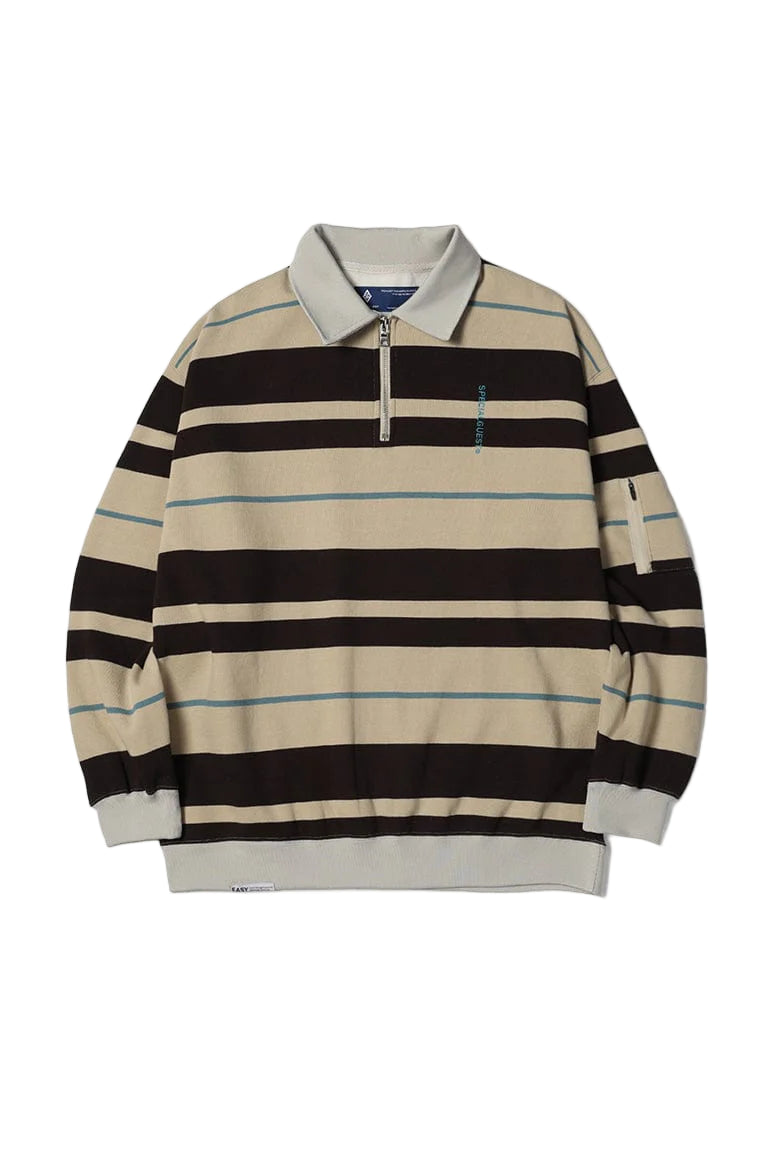 EASY STRAY STRIPED ZIP POLO BLEACHED SAND/ DARK GRAY