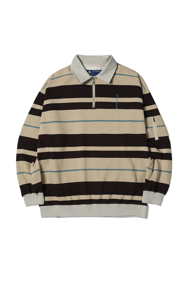EASY STRAY STRIPED ZIP POLO BLEACHED SAND/ DARK GRAY